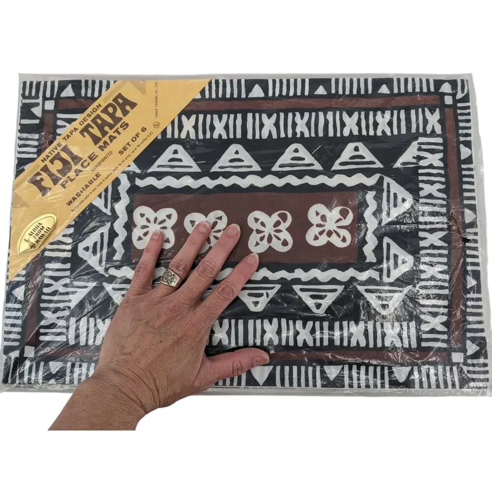 Set 6 New Deadstock Vintage 1970s FIJI TAPA PLACEMATS Tonga Trading Hand Printed